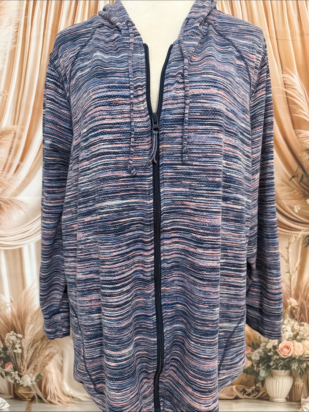 CJ Banks Multicolor Striped Zip Hoodie - Navy and Pink
